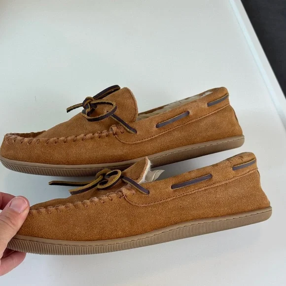 J.Crew Tan Leather Slippers Moccasin Faux Fur Lined Size 10 Men  Cozy - Picture 7 of 7
